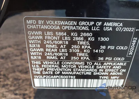 2023 Volkswagen Atlas 2.0T Se из США, поврежденный, VIN 1V2LP2CA6PC500762